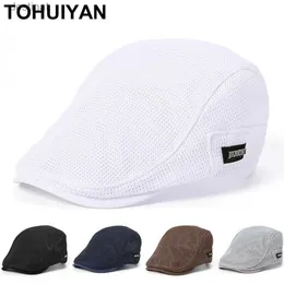 BERETS TOHUIYAN SUMMER MENS 모자 통기성 메쉬 보이 캡 야외 베이커 소년 Boinas Cabbie Hat Fashion Driving Flat Cap womenl231106