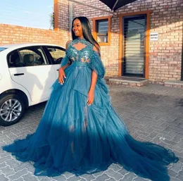 Teal Blue Prom Dress A Line Sheer Neck Lace Appliques Lace Beads Evening Party Dress Quinceanera Wear Vestidos Black Girl Party6520551