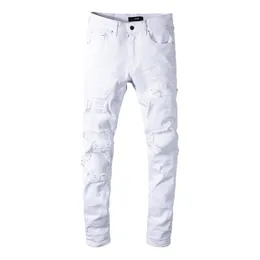 Moda klasy Miri Whole White Pants 350 dżinsowe spodnie Prosty motocyklista chuda luka dżinsy mężczyźni kobiety podarte dżinsy 305b