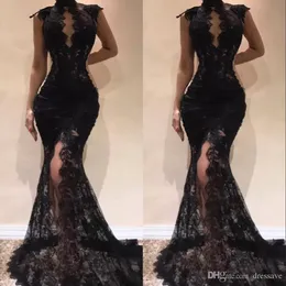 섹시한 검은 소매 소매 인어 무도회 파티 드레스 넥 스플릿 사이드 하이 저녁 가운 풀 레이스 유명인 Dres를 통해 볼 수 있습니다.