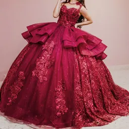 Красное блестящее платье Quinceanera с круглым вырезом и открытыми плечами, хрустальное бальное платье, аппликации, кружевные бусины, цветочный корсет, сладкий 15 Vestidos De