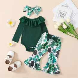 Clothing Sets St. Patrick's Day Infant Baby Girl Spring Outfits Lace Collar Romper Shamrock Flare Pants Headband 3pcs Set For 0-18Months