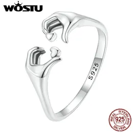 Solitaire Ring Wostu Gerçek 925 STERLING Gümüş Romantik El Kalp Yüzük Kadınlar için Palm Love Çift Alyans Sevgililer Günü Takı Hediyesi 230404