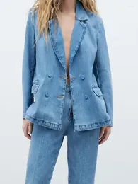 Kvinnors kostymer Kumsvag 2023 Kvinnor Spring Denim Blazers Rockar passar Fashion Solid Double Breasted Female Elegant Street Blazer Ytterkläder