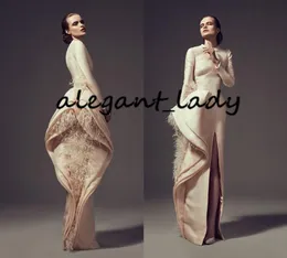 Champagne Stain Feather Evening Formal Dresses Vintage Ashi Studio Long Sleeve Ruffles High Slit Arabic Prom Dress Occasion Wear2263505