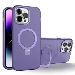 금속 스탠드 Magsafe Magsafe Magnetic Phone Case Frosted Transparent Camera Lens 범퍼 iPhone 15 14 13 12 11 Pro Max 무선 충전 커버 충격 방지 방울 방울