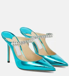 Designer Women sandal high heels bing 100mm slide mules sandal slipper crystal embellished pointed-toe stilettos heels strass strap thin girl best love sandals box