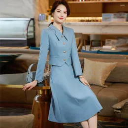 Tvådelt klänning Izicfly Autumn Spring Fashion Blue Office Uniform Elegant Business Blazer Long Kjol Dräkt för kvinnor arbetar slitage 2 set