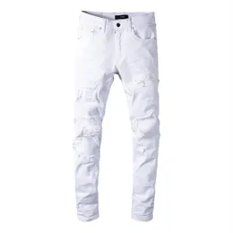Moda klasy Miri Whole White Pants 350 dżinsowe spodnie Prosty motocyklista chuda luka dżinsy mężczyźni kobiety podarte dżinsy 303Q