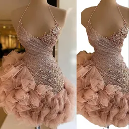 2023 Luxurious Arabic Cocktail Dresses Blush Pink Lace Crystal Beaded Short Mini Halter Ruffles Tiered Evening Prom Party Dress Homecoming Gowns