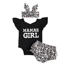Zestawy odzieży Baby Girls Summer Stores Ruffle Tleeve Drukuj Romper Leopard Bloomers Opaska na głowę