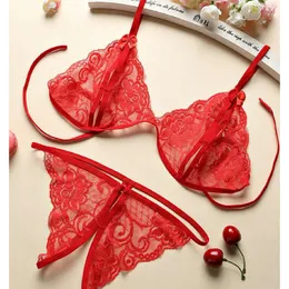 30 conjuntos de lingerie exótica de renda sexy para mulheres, virilha aberta, roupa íntima de renda transparente, conjunto de três pontos com bandagem g-string