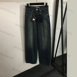 Jeans a vita alta da donna Borsa con cerniera triangolare Design decorato Pantaloni in denim casual a gamba larga blu