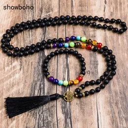 Chokers 8mm Matte Black Onyx 7 차크라 구슬 매듭 108 Mala Necklace Meditation Yoga Spirit 운 좋게 에너지 주얼리 Japamala Sets 230404