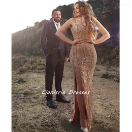 Party Dresses Gold Diamonds Crystal Mermaid Evening Sweetheart High Split Dubai Saudi Arabic Formal Gown