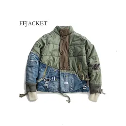 24 SS Men S Jackor Aboorun Hi Street Hole Patchwork Denim Jacket Streetwear Thick Down Cotton Jean Coat för Male Curz