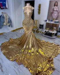 Gold Gillter Meerjungfrau Abendkleider 2024 Sparkly Diamond Crystal Black Girl Prom Geburtstag Queen Gown Robe De Bal 322