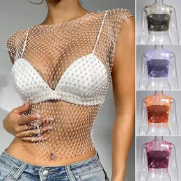 Women's Tanks Sexy Mesh Crop Tops For Women 2023 Summer Rhinestones Tank Top See Through Fishnet Hollow Out Backless High Quailty