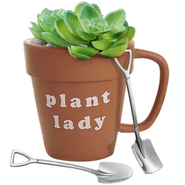 10 pcsplanters potten nieuwe tuinmok plant pot koffiemok met 2 schep lepels nieuwigheid keramische koffiekop schattig tuinieren cadeau terra cotta p0406