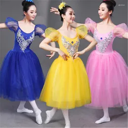 Scenkläder vuxen balett lång klänning puffer hylsa träning kostym rosa färg svan sjö slöja prestanda kostym tjej tutu