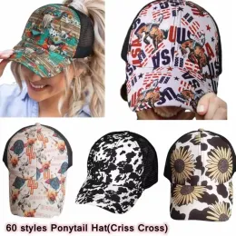 Sunflower Ponytail Hat Criss Cross Mesh Back Baseball Cap Washed Distressed Messy Bun Ponycaps Trucker Hats Wholesale