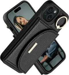 Capa de telefone para iPhone 15 Capa tipo carteira de couro com 4 suportes para cartão Suporte de anel Kickstand Capa protetora para telefone fólio para mulheres Senhoras Bege 4G1EM