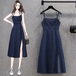 Casual Dresses Shirring Spaghetti Strap Sleeveless Women Elegant Split Mid-calf Length Denim Dress Femme Vestidos