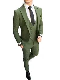 Men's Suits Blazers Customized handmade men's olive green groom's tuxedo with notched lapel for groom's wedding 3 pieces jacketpantstank top 230406
