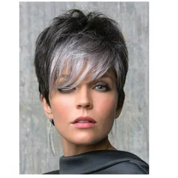 Short gray human hair wigs salt and pepper silver grey wig with long fringe bangs spiky top for an edgy custom machine made glueless pixie bob hairstyle