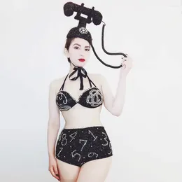 Bühnenkleidung Sexy Halter Schwarz Glänzende Strass Bikini Telefon Kopfschmuck Für Frauen Party Karneval Kleidung Führen Sie Kostüme durch
