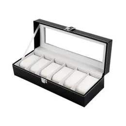 Titta på lådor Fall 6 Grid Pu Leather Watch Storage Box Rektangel Handsur Holder smycken Display Fall för gåvor ll 17249U