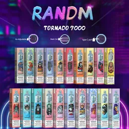 2023 Оригинальные электронные сигареты RandM Tornado 7000 Puff 7000, одноразовые электронные сигареты Vape Pen, 14 мл, сетчатая катушка для капсул, 6 светящихся цветов, перезаряжаемая, с воздушной регулировкой, 2% 5%, устройство 7K