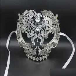 Party masker grossist- svart fl ansikte skl män kvinnor metall laser klippt sier maskerad guld röd boll strass prom venetian mask droppe dhqjt