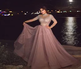 High Neck Dusty Pink Muslim Evening Dress illusion Long Sleeve Crystal beaded Plus Size Arabic Formal Dresses for Women Dubai Prom8675166