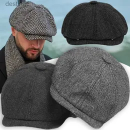 Berets Classic Wool Newsboy Caps Men Herringbone Flat Caps Gatsby Lvy Cabbie Hat Vintage wełniane czapki z kapeluszami Winter Peaky Blindersl231106