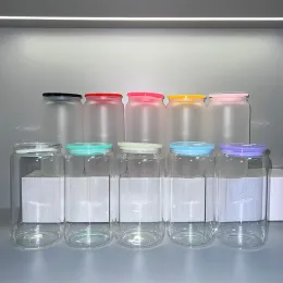 16オンスの昇華ガラスガラスタンブラー色付きプラスチックのふたを空白の透明なフロストグラスメイソンジャーリビークーラーコーラビールフード缶5色11.6