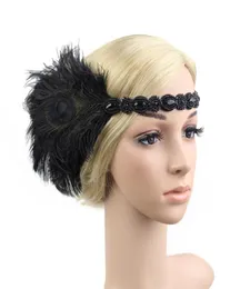 Vintage vuxen hårtillbehör Roaring 20s Great Gatsby Party Headpiece 1920s Flapper Girl Peacock Feather pannband Tillbehör4227437