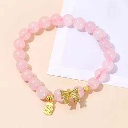 Natural Pink Quartz Bead Eloy Bowknot Lucky Pendant Armband Women Korean Sweet All Match Strand Bangles Girls