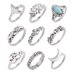 Cluster-Ringe Vintage Böhmischer Strand Frauen Lotusform Ring Set Ethnischer Stil Grüner Stein Midi Finger Boho Charm Anelli