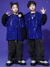 Scene Wear Boys Street Dance Costume Kids Hip Hop Performance Clothes Blue Sequin Tops Pants Long Hidees Loose Girls 11923