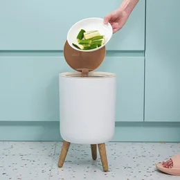Waste Bins Garbage can with cover type dust collector used in living rooms bathrooms kitchens trash cans high feet imitation wood garbage can 7L 230406