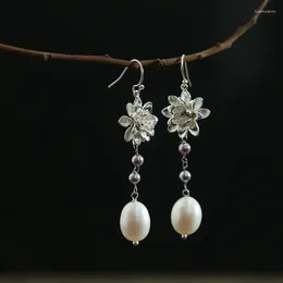 Dangle Earrings S925 Pure Eardrop Lotus Flower Natural Hearthearted Pearl White Hardmade Baituan