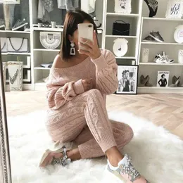 Women's Sweaters Women Sweater Matching Sets O-neck Loose Knitted Tops And Pant Autumn Winter Knit Two-piece Solid Casual Set