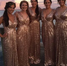 Shiny Sequined V Neck Rose Gold Long Bridesmaid Dresses 2023 Bridal Group Wedding Party Dress Women Glitter Sparkle Guest Wedding Dress Plus