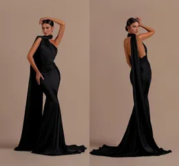 Elegant Slim Black Mermaid Evening Dresses For Women Halter Neck Backless Satin Evening Pageant Gowns Special Occassion Birthday Celebrity Party Dress Formal Wear