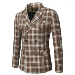 Męskie garnitury Dybzacq Męskie jesień i zimowy garnitur podwójnie piersi w kratę guziki Lapel Multi Pocket Blazer płaszcz z długim rękawem