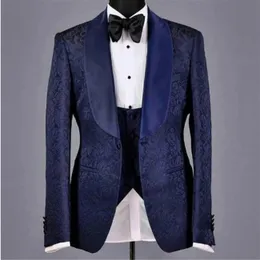 Men's Suits Blazers Navy blue floral jacquard groom's tuxedo suitable for weddings slim fitting 3-piece men's set jacket belt black pants men's fashion 230406