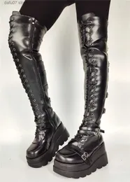Botas de luxo marca novas senhoras alta plataforma gótica sobre o joelho botas punk festa coxa botas altas mulheres cunhas sapatos de salto alto mulher t231106