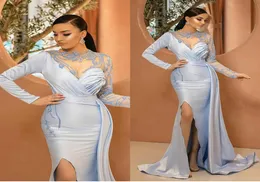 Light Blue Evening Dresses Satin Beaded High Split Long Sleeves Mermaid Prom Dress Custom Made Vestidos Formal Gowns7280164