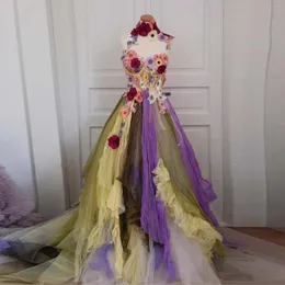 Vestidos casuales Jardín 3D Vestido de fiesta floral Cariño Princesa Vestidos Púrpura Mezcla Color Tul Largo Poshoot